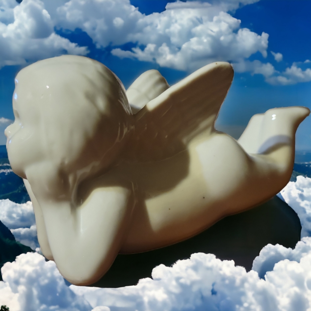 Vtg Glazed Ceramic White Reclining Winged Angel Cherub Decor